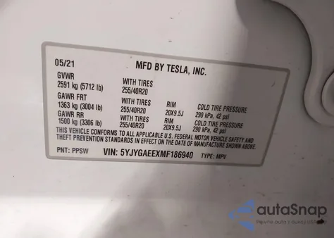 2021 Tesla Model Y Long Range Dual Motor All-Wheel Drive из США, поврежденный, VIN 5YJYGAEEXMF186940